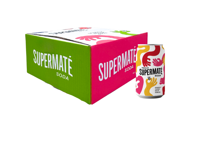 Supermate soda can and box on a white background